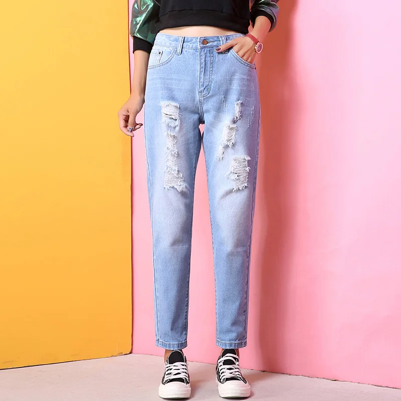 Light Blue Модные рваные джинсы для мам с высокой талией, Ретро стиль, одноцветные потертые джинсы, поцарапанные прямые штаны размера плюс, женские брюки длиной до щиколотки - Цвет: Light Blue