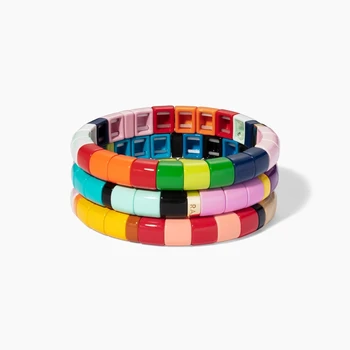 

KELITCH Multi-color Rainbow Enamel Stretch Elastic Bracelets Tile Beads Strand Bracelets Bangles Cuff Chain New