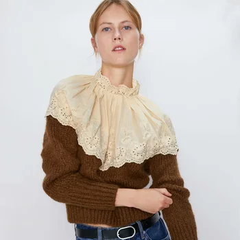 

ZA Autumn and Winter Women's Sweater Embroidery Stitching Long-sleeved Sweater Color Contrast Collar Decorative Ribbing Layer