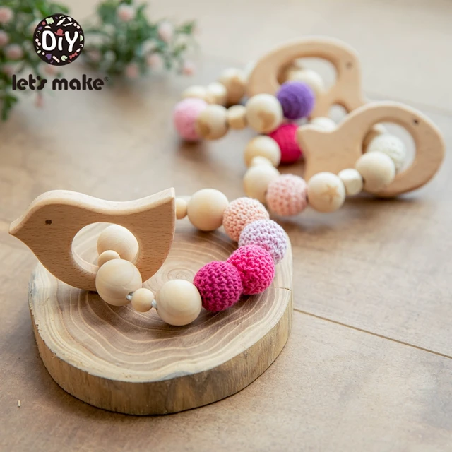 Let's Make 1PC Wooden Teether Hedgehog Crochet Beads Wood Crafts Ring Engraved Bead Baby Teether Wooden Toys For Baby Rattle 5