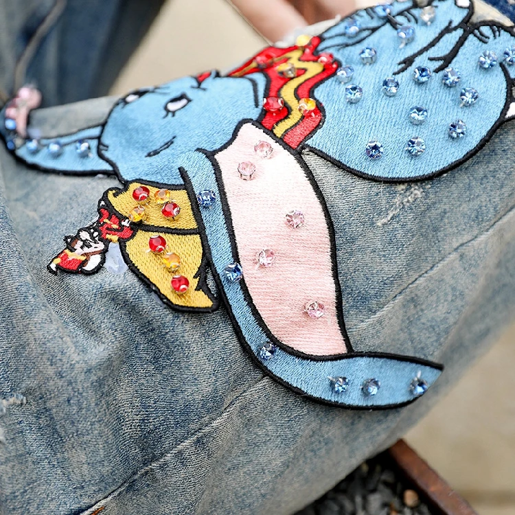 Расшитая бисером нашивка Dumbo вышивка ультра длинные джинсовые брюки женские весенне-осенние универсальные свободные прямые джинсовые брюки подростковые джинсы