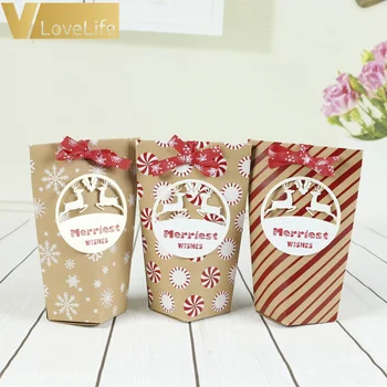 

24Pcs/lot New Year Kraft Paper Merry Christmas Candy Box Gifts Decor Handbag Packging Wth Red Tag RibbonParty Favors