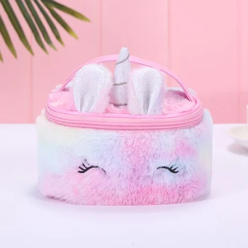 

Unicorn Colorful Plush Makeup Bag Women Girls Lovely Make Up Bag Large Capacity Top-handle Barrel-shaped Cosmetic Storage Bag