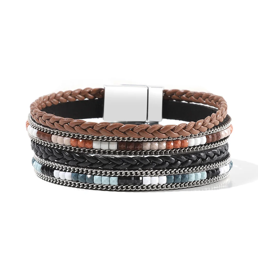 Womens Boho Wrap Leather Multilayer Wide Bling Bracelets Four Styles Hand Jewelry for Women Teen Girl Boy leather bracelet