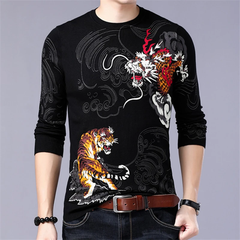 Китайский стиль Дракон Тигр узор 3d принт необычный вязаный свитер осень качественный мягкий удобный Роскошный тонкий свитер мужской M-3XL