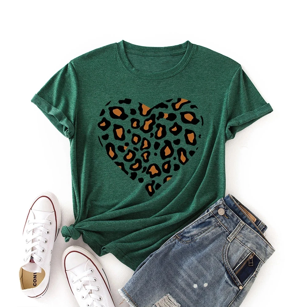 Leopard Love Heart Print Women Couple Love T Shirt Fashion Harajuku Colored Cotton Graphic Tees Shirt Femme Unisex Clothes for Summer
