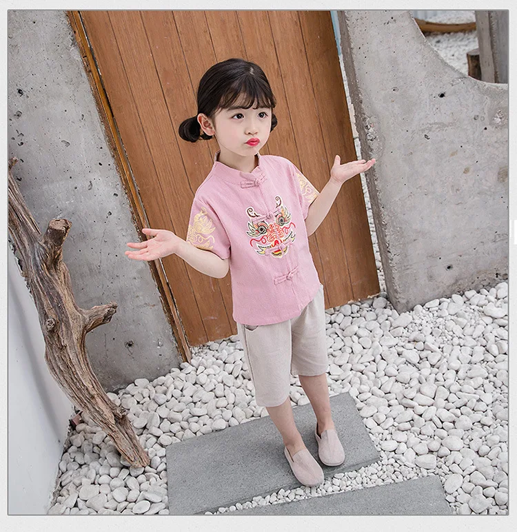 Children Chinese Costume Chinese Clothing Summer Men And Women Children Wind Printed Short Sleeve Two-Piece Set Baby Chines