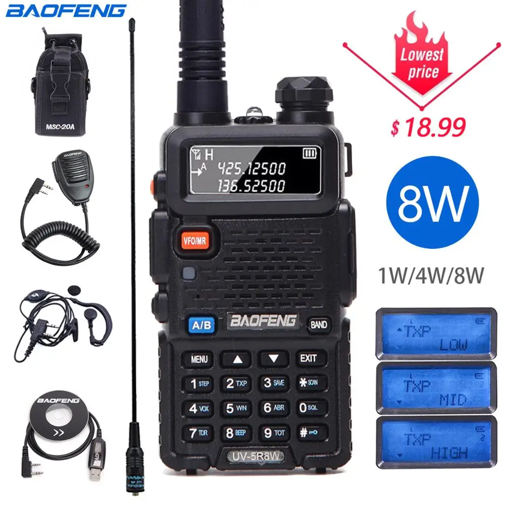 Baofeng-walkie-talkie de largo alcance, UV-5R de 8W, alta potencia, 10km, triple potencia, 8/4/1 vatios, CB Ham, Radio portátil UV5R para caza
