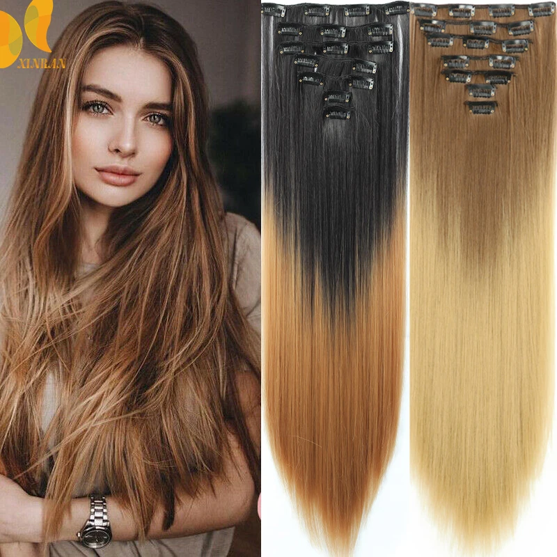 Hair-Extensions Heat-Resistant Clip-In Xinran Synthetic-Hair Long Straight 7pcs/Set