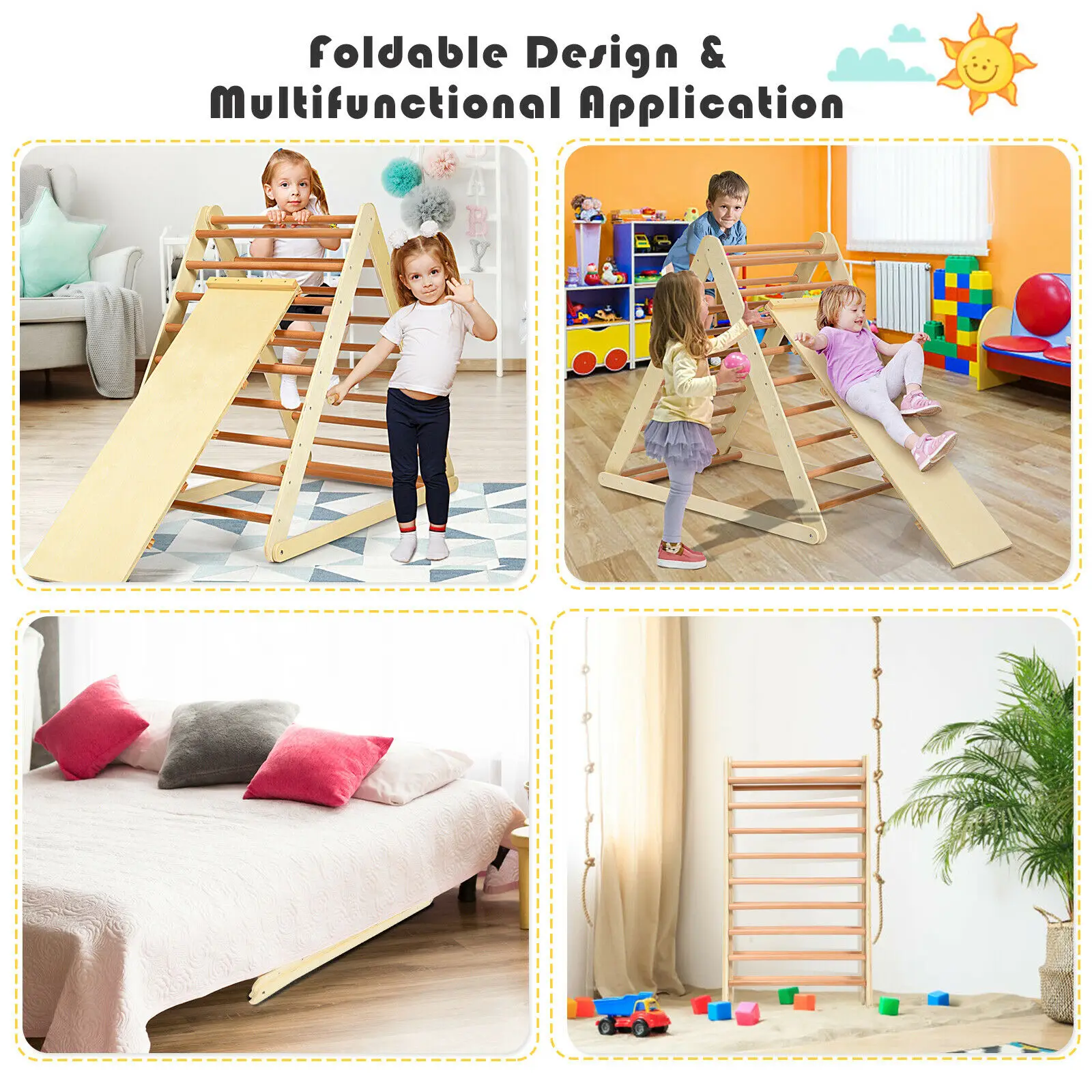 Foldable Wooden Climbing Triangle Indoor Home Climber with Ladder for Toddler Baby