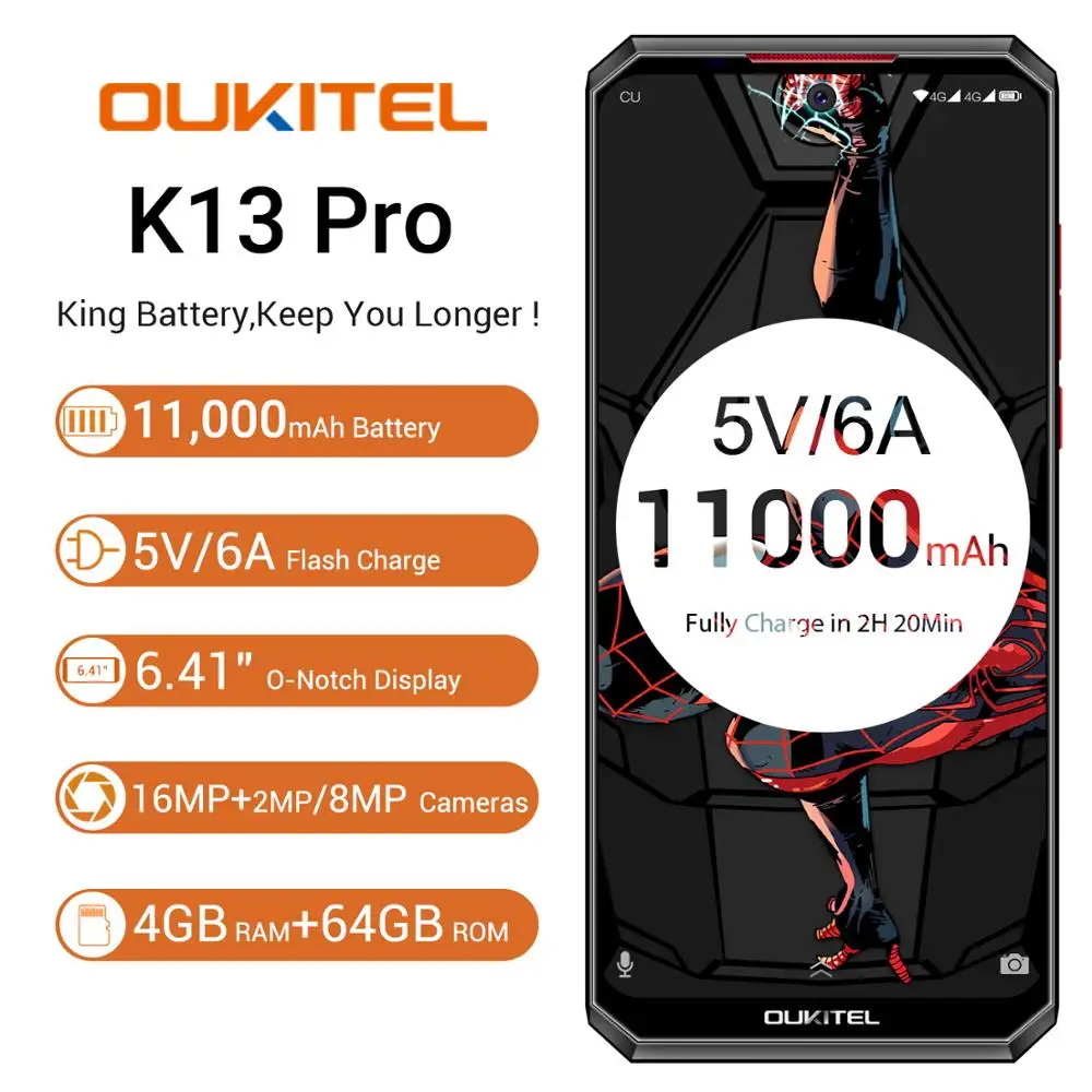 OUKITEL K13 Pro 6,41 ''11000 mAh 4GB 64GB смартфон MT6762 Восьмиядерный Android 9,0 NFC 4G мобильный телефон с функцией распознавания лица 5 V/6A Быстрая зарядка