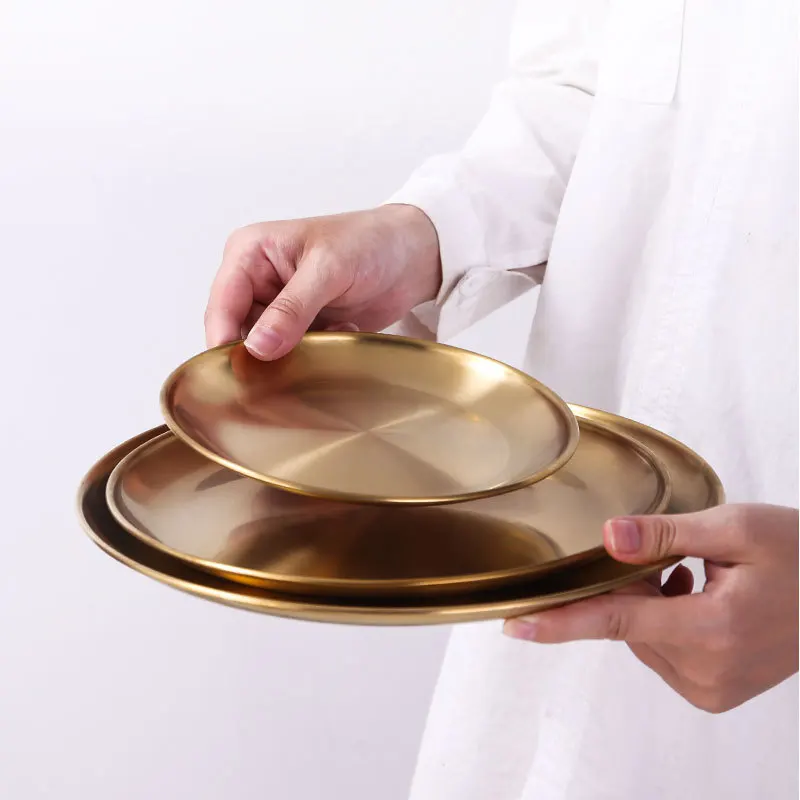 Golden Stainless Steel Dinner Plate Scandinavian Round Storage Tray Food Jewelry Display Bbq