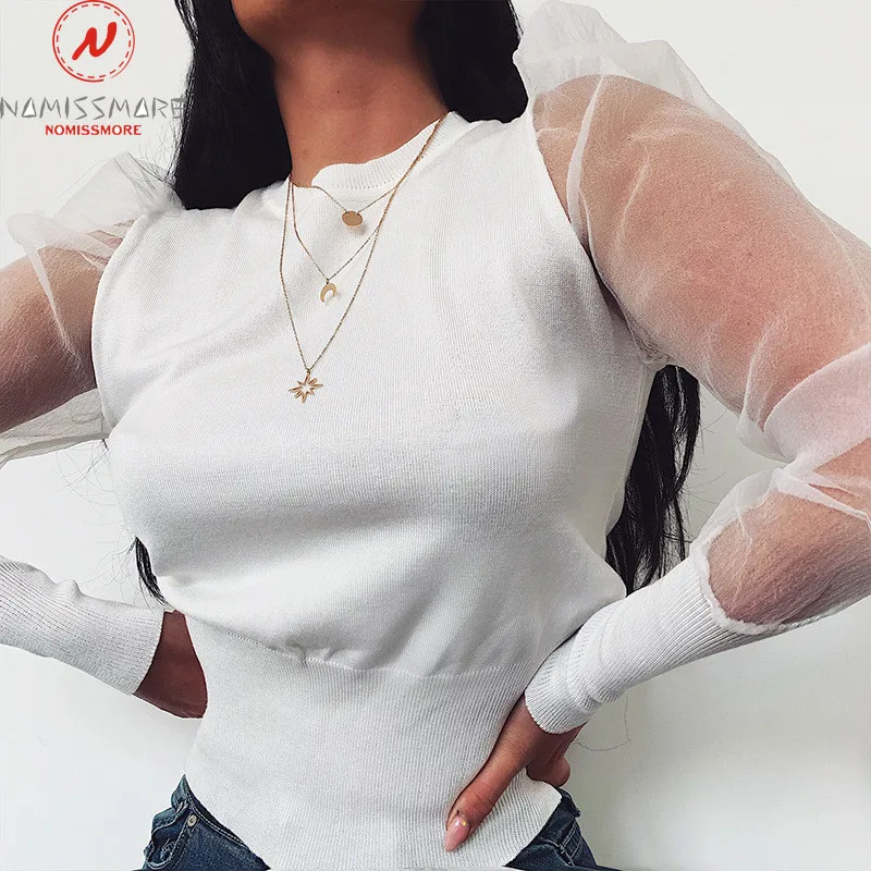 

Women Spring Autumn Knitted T-Shirts Mesh Patchwork Design Lace Decor See Through O-Neck Long Sleeve Solid Slim Pullovers Top