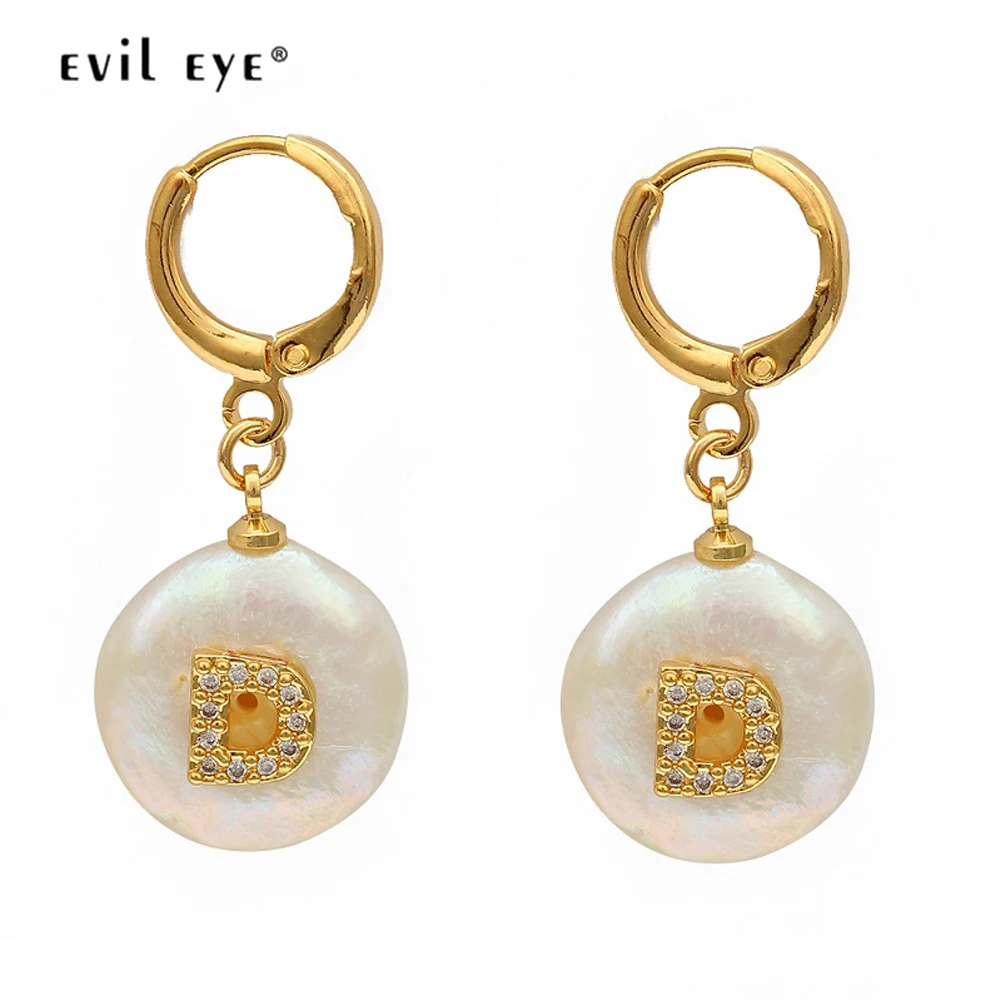 

EVIL EYE Initial Letter Drop Earrings Gold Color Hanging Pearl Micro Pave 26 Alphabet Dangle Earrings for Women Ladies EY6468