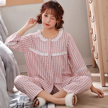 

Pajamas Women'S Cotton Long-Sleeved Spring And Autumn Ins Fashion Sweet Cute Net Red Section Checked Sleepwear Home Service