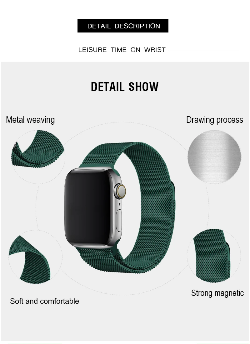 Миланская петля, зеленый ремешок для часов, 40 мм, 44 мм, для Apple Watch, серия 4, 5, металлический ремешок, магнитный браслет для Iwatch, серия 38, 42 мм