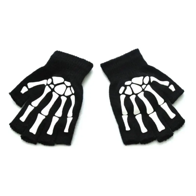 Kids Halloween Cosplay Skeleton Half Finger Gloves Luminous Fingerless Mittens