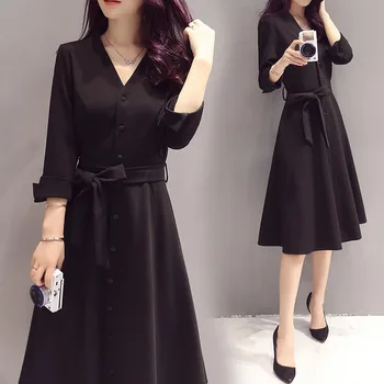 

Autumn Plus Size Dress Women Black V Neck Dress Elegant Vintage Slim High Quality Vestidos Invierno 2020 Jurk KJ106