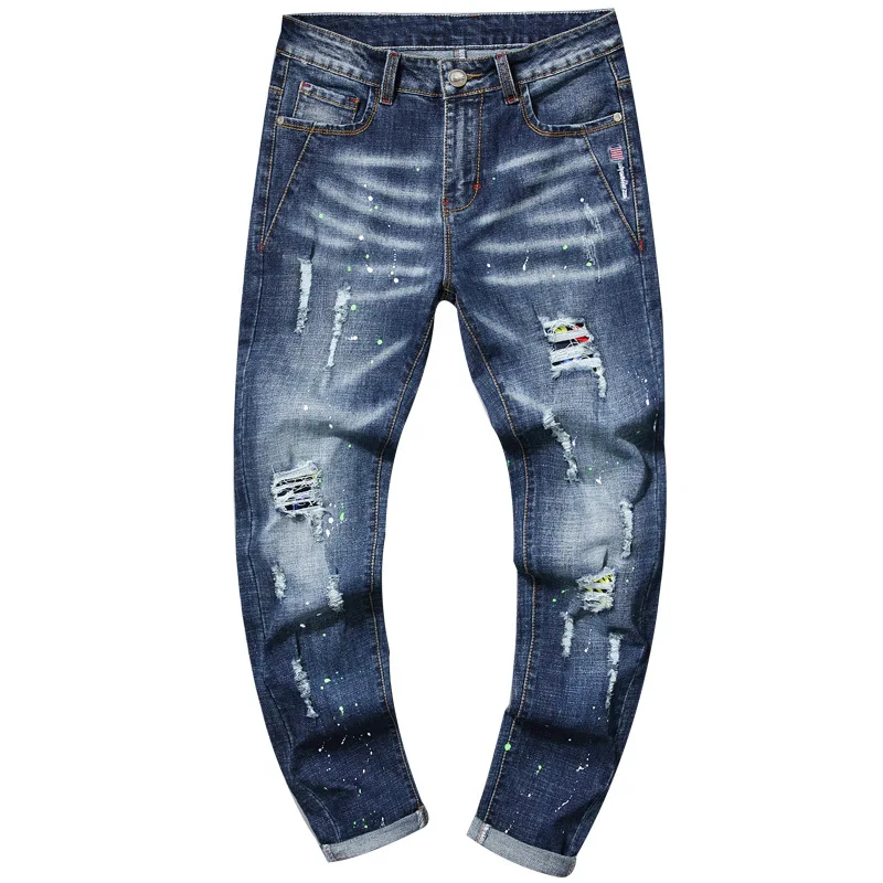 

Embroidery Hole Distressed Men Ripped Jeans 2019 Vintage Blue Slim Fit Casual Baggy Denim Skinny Pants