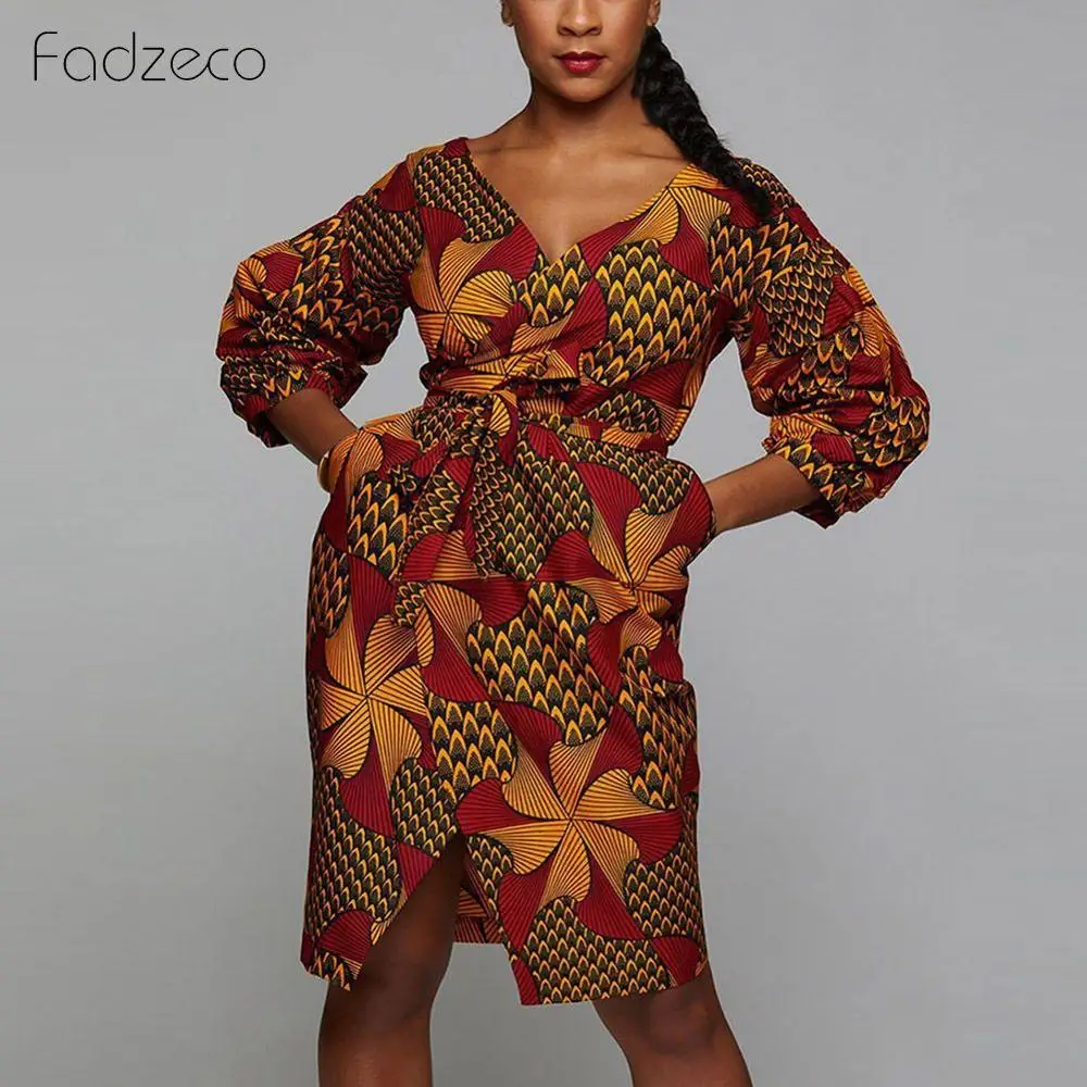 Fadzeco 2019 осенние африканские платья для женщин Дашики принт Дамская одежда