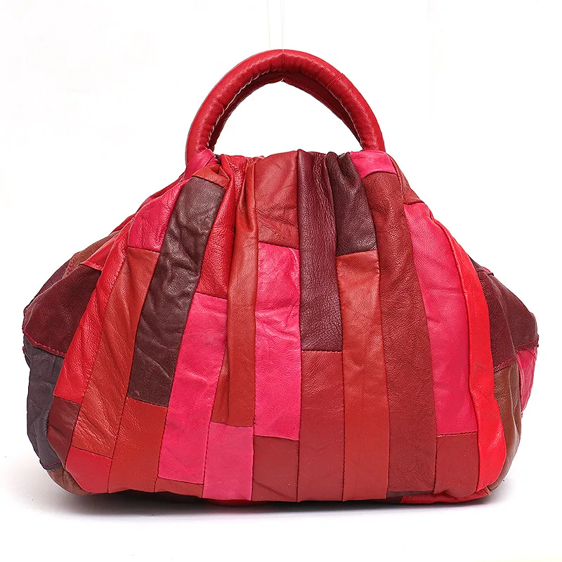 SC брендовая сумка в стиле ретро, женская сумка из овчины с верхней ручкой, женская кожаная винтажная кожаная сумка-мешок в стиле пэчворк, женская сумка-мессенджер - Цвет: RED