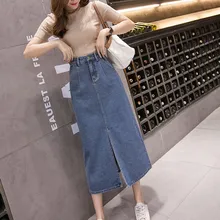 S-5Xl, Женская Повседневная синяя джинсовая юбка с высокой талией, Корейская стильная юбка с разрезом, Женская прямая юбка на пуговицах с карманами