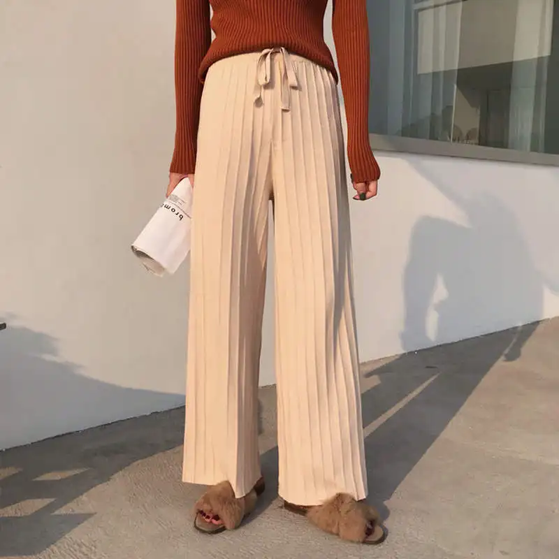 apricot color pants Женские вязанные широкие брюки на шнуровке на осень и зиму, прямые свободные штаны с высокой талией, женские Pantalon, женские теплые брюки C6002 - Цвет: apricot color pants
