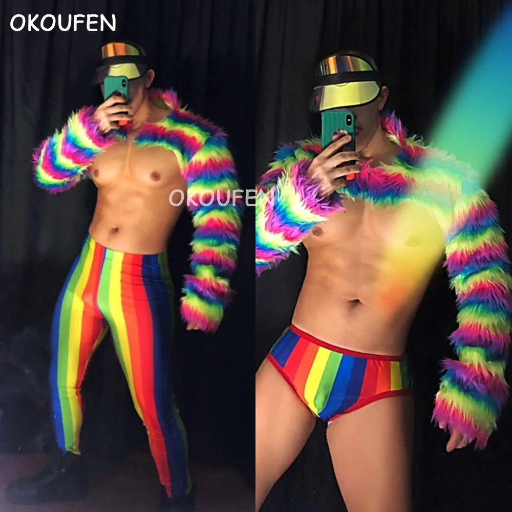

Модный Радужный меховой костюм, Брендовые костюмы, мужские костюмы для ночного клуба, бара, вечеринки, ds, сексуальная одежда для сцены, шоу, диджея