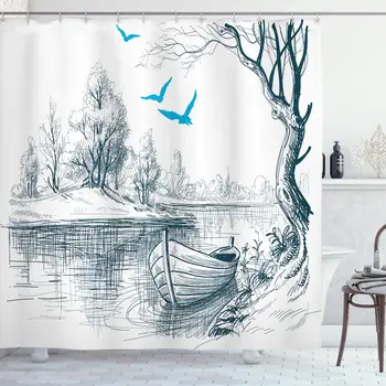 

Landscape Shower Curtain, Boat on Calm River Trees Birds Twigs Sketch Drawing Clipart Water Minimalist, Cloth Fabric Bathroom