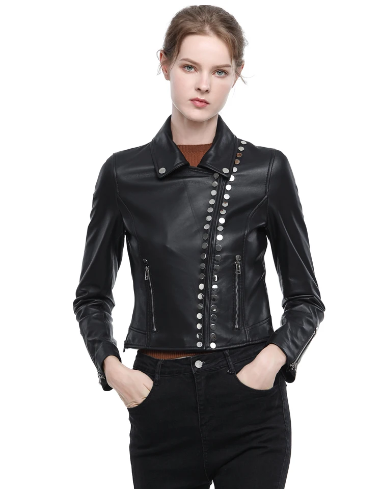 New sheep leather coat female rivet heavy locomotive leather brief paragraph cultivate morality