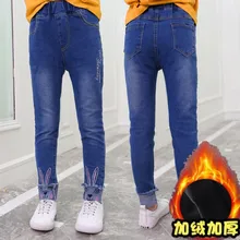 Осень новинка зимы Стиль Для женщин; Одежда для больших детей; с героями мультфильмов джинсы c кроликами детская матовый и брюки из толстой ткани для девочек Весенние штаны