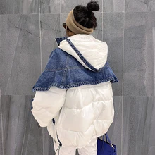 Denim Stitching Black Parka Woman Cotton-Padded Ladies Clothes Loose Steetwear New Korean Style Thick Hooded Winter Coat Fashion