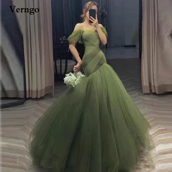 Verngo New Olive Green Dress Tulle Mermaid Long Prom Dresses Off the Shoulder Short Sleeves Pleats Fitted Stylish Evening Gowns