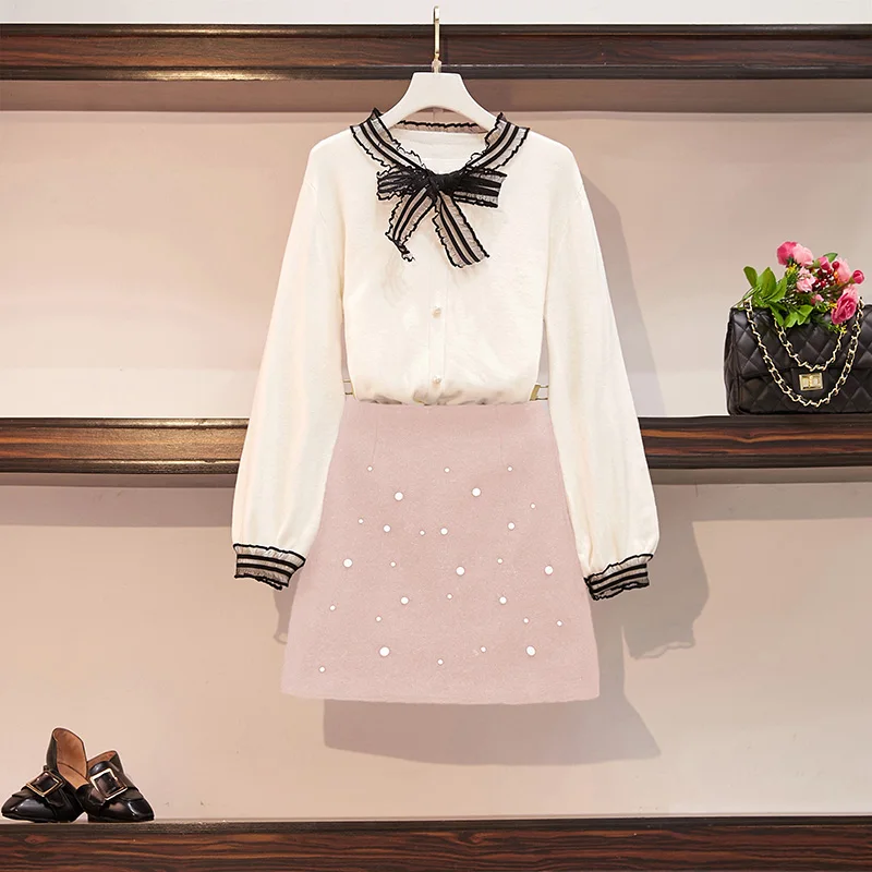 White - Pink Trytree осенне-зимний комплект из двух предметов; Повседневный вязаный свитер с круглым вырезом в стиле пэчворк; топ+ юбка; Модный мини-комплект трапециевидной формы; комплект из 2 предметов - Цвет: White - Pink