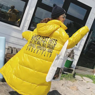 Y1 JuneLove Женское зимнее желтое длинное пуховое пальто с буквенным принтом, женская теплая парка размера плюс, свободный длинный пуховик, верхняя одежда - Цвет: Y1