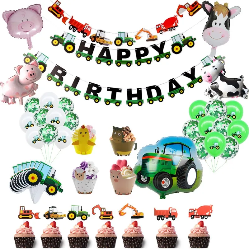 Globos inflables de Tractor verde con temática de granja, decoración para fiesta de feliz cumpleaños, excavadora de cumpleaños para niños, cartel de vehículo