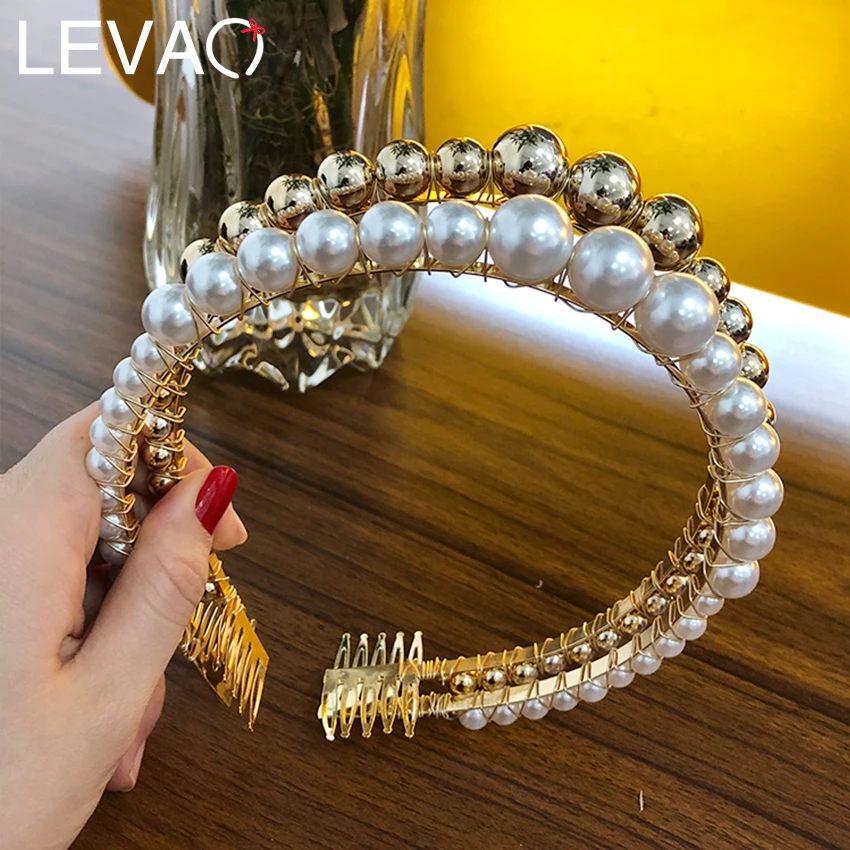 Best Levao 3cm Big Pearls Headband Women Wedding Bridal Hair Accessories Hairband Hair Hoop Girls Headwear Wedding Pearl Jewelry