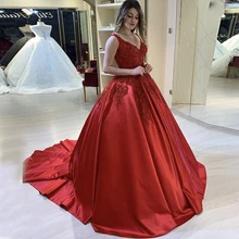 Традиционное платье принцессы с v-образным вырезом, Quninceanera, платье на выпускной со шнуровкой на спине, бальное платье с аппликацией, красное сатиновое платье Quinceanera Elbise