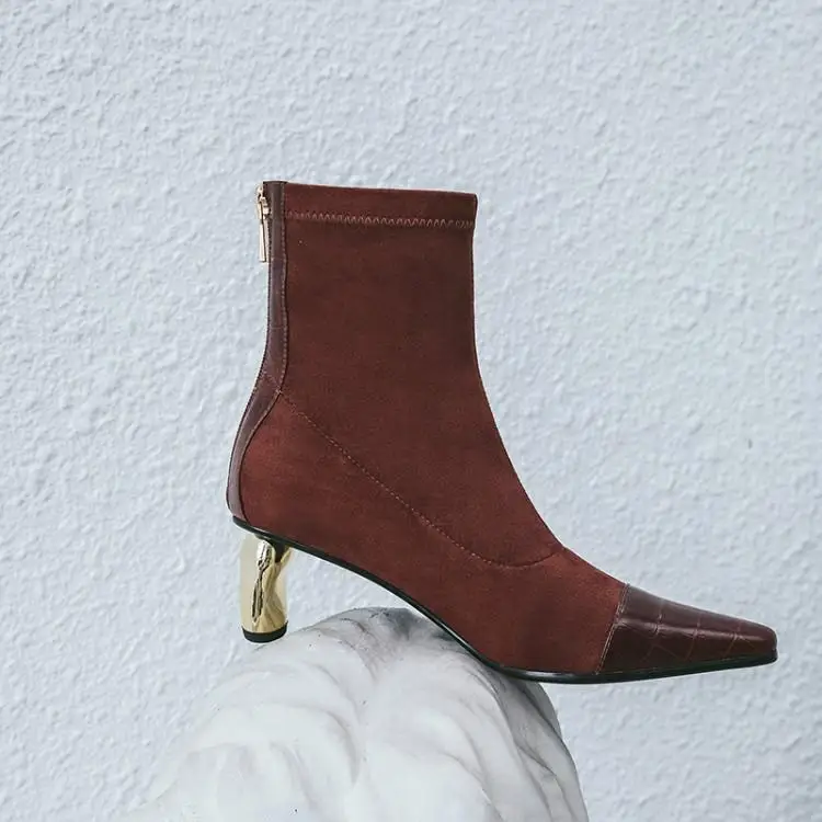 Buono Scarpe/ботильоны на металлическом каблуке; Лоскутные кожаные ботинки на молнии; Botas Fenimina; ботинки для выпускного; Цвет черный, коричневый; женские ботинки Zpatos Mujer