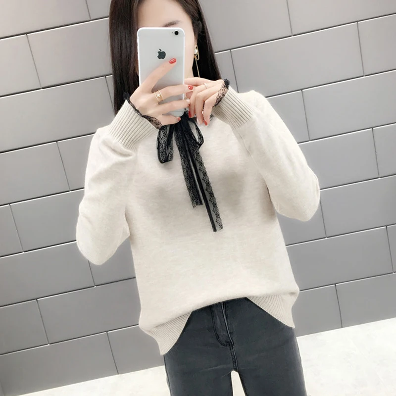 Autumn Winter Women Sweater Cotton Casual Knitted Shirts Long Sleeve Turn-down Collar Solid Tops Lace Bow Female Elasticity