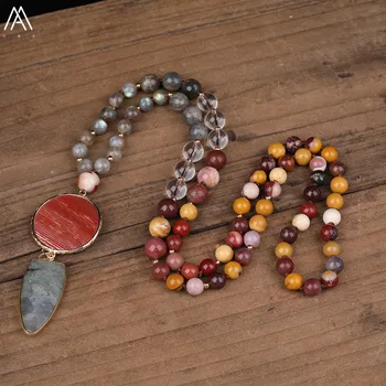 

Natural Sodalite Labradorite Stone Pendant 8mm Opal Stone White Quartz Beads Handmade Knot Necklace Long 32 Inch N0482AMDF