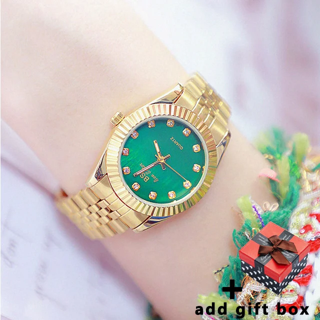 Bs Bee Sister Классические Золотые женские часы известный бренд элегантные женские наручные часы Стальные женские часы Montre Femme - Цвет: gold-green-add-box