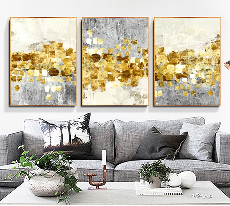 Nordic Abstract Golden Foil Canvas Painting Modern Grey Gold Wall Art