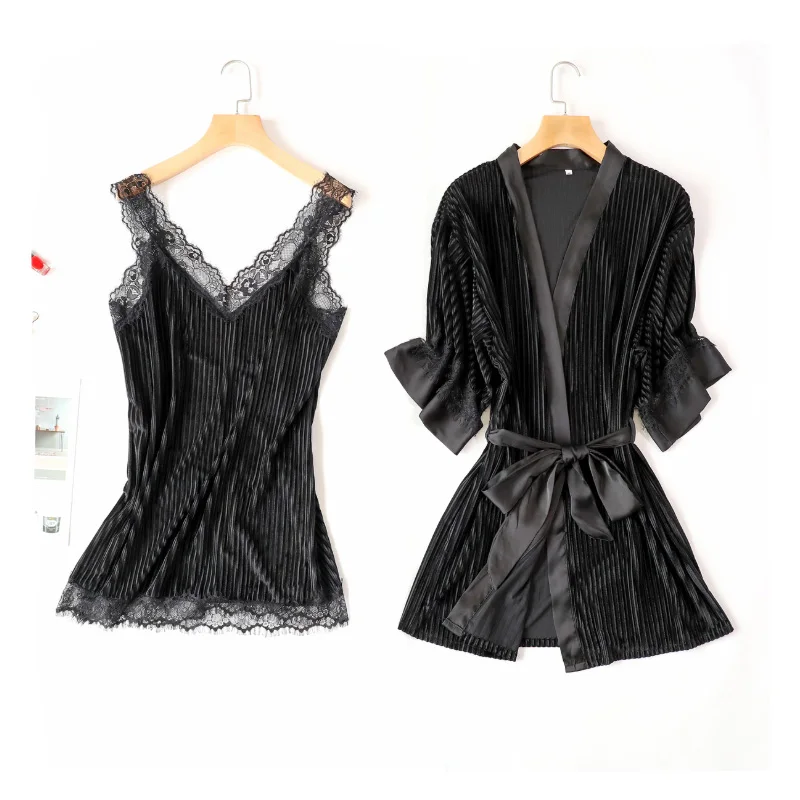 

nightgown suit autumn women long-sleeved new sexy gold velvet two-piece robe lace sling nightdress female sleepwear suit homewea