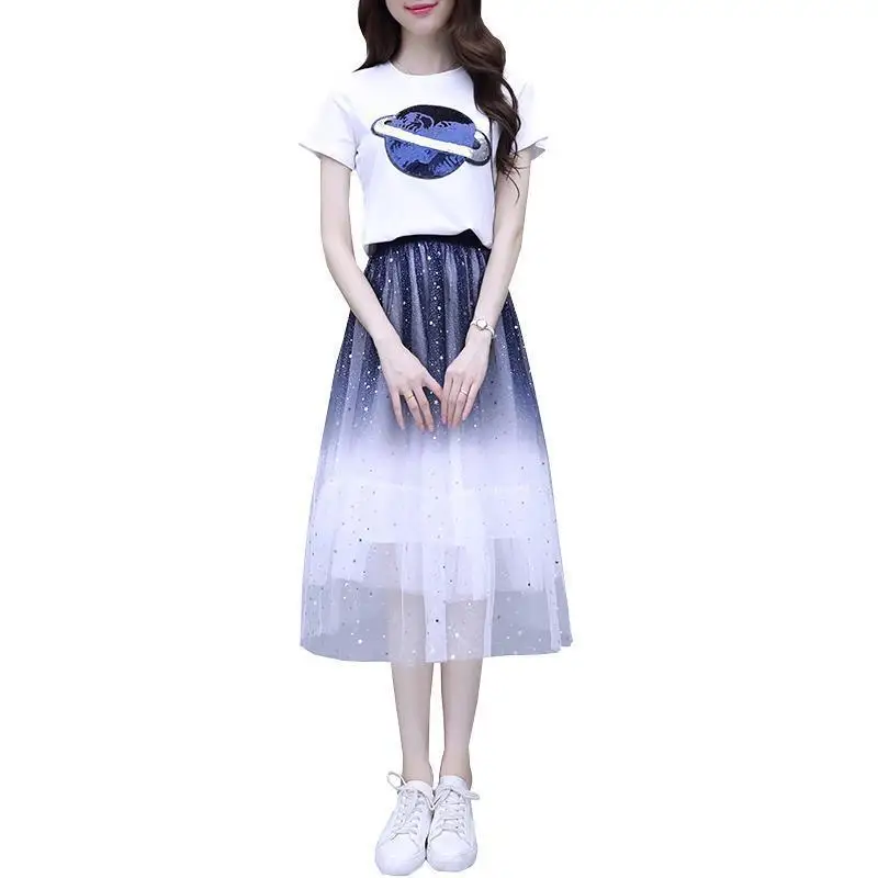 

Two-piece New T-shirt High Waist Skirt Suit2021 Summer Korean Loose Short-sleeved T-shirt Two-piece Women's Dress Suit