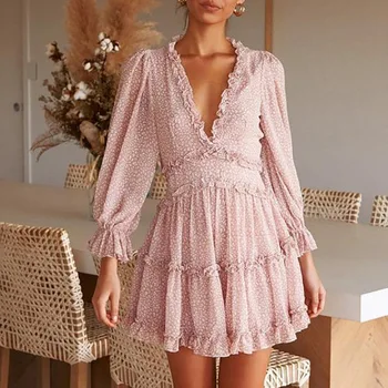 

2020 Summer Elegant Ruffles Print Mini Dress Women Sexy Halter V-neck long-sleeved waist Puff sleeve Dresses women Sundresses