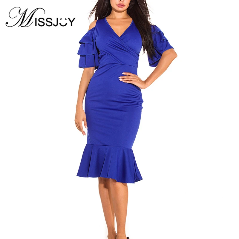 

MISSJOY 2020 Spring Elegant Ruffle Pencil Women Dresses High Waist Short Sleeve Solid Color Party Casual Robe Female V-Neck Sexy