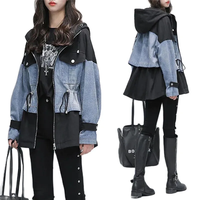 Windbreaker Denim Jacket Women's 2021New Mid-length Autumn Korean Loose Stitching Jeans Women Hooded Casual Jackets |