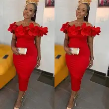 

Arabic New Sexy Red Short Cocktail Dresses Off Shoulder Flowers Sheath Satin Tea Length Summer Party Gowns Homecoming Prom Dress