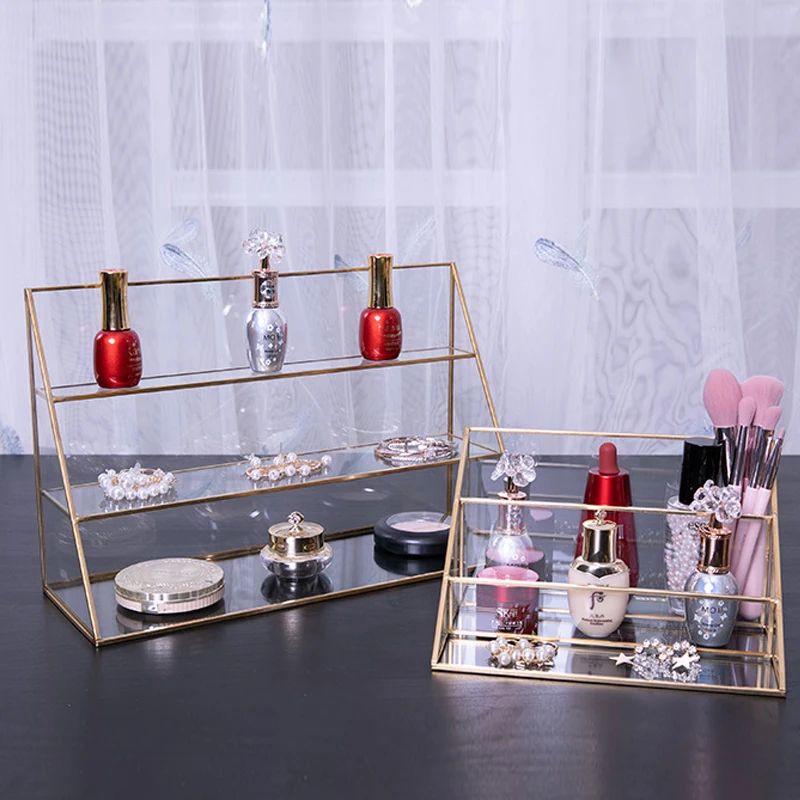 

3-Layers Glass Makeup Organizer Nordic Diamond Display Stand Bathroom Make Up Brush Lipstick Organizer Home Decoration Gadgets